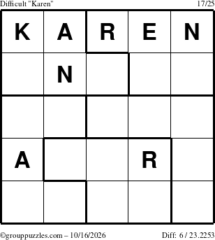 The grouppuzzles.com Difficult Karen puzzle for Friday October 16, 2026
