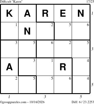 The grouppuzzles.com Difficult Karen puzzle for Friday October 16, 2026, suitable for printing, with all 6 steps marked