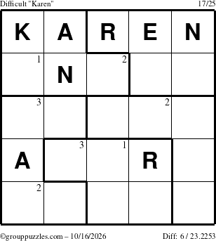The grouppuzzles.com Difficult Karen puzzle for Friday October 16, 2026 with the first 3 steps marked