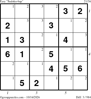 The grouppuzzles.com Easy Sudoku-6up puzzle for Friday October 16, 2026, suitable for printing, with all 3 steps marked