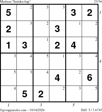 The grouppuzzles.com Medium Sudoku-6up puzzle for Friday October 16, 2026 with all 5 steps marked