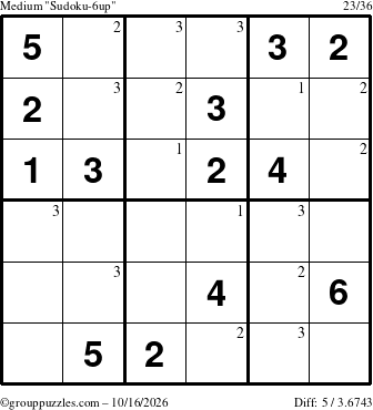 The grouppuzzles.com Medium Sudoku-6up puzzle for Friday October 16, 2026 with the first 3 steps marked