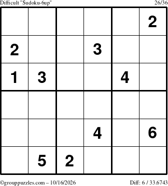 The grouppuzzles.com Difficult Sudoku-6up puzzle for Friday October 16, 2026