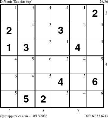 The grouppuzzles.com Difficult Sudoku-6up puzzle for Friday October 16, 2026 with all 6 steps marked