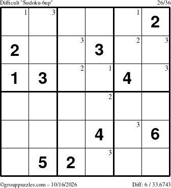 The grouppuzzles.com Difficult Sudoku-6up puzzle for Friday October 16, 2026 with the first 3 steps marked