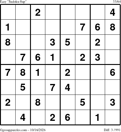 The grouppuzzles.com Easy Sudoku-8up puzzle for Friday October 16, 2026