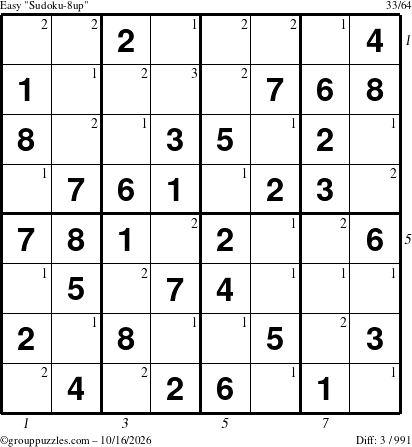 The grouppuzzles.com Easy Sudoku-8up puzzle for Friday October 16, 2026, suitable for printing, with all 3 steps marked