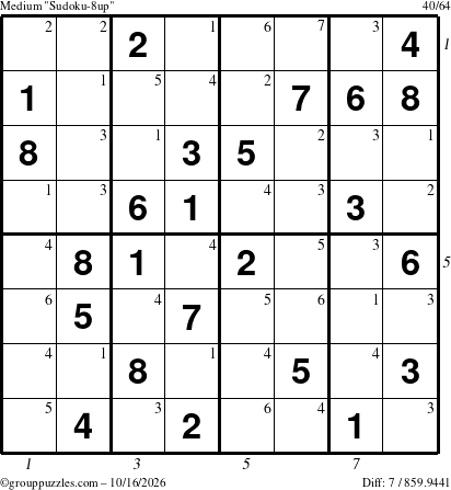 The grouppuzzles.com Medium Sudoku-8up puzzle for Friday October 16, 2026, suitable for printing, with all 7 steps marked