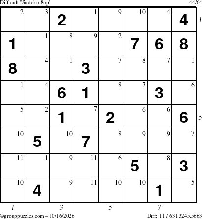 The grouppuzzles.com Difficult Sudoku-8up puzzle for Friday October 16, 2026, suitable for printing, with all 11 steps marked