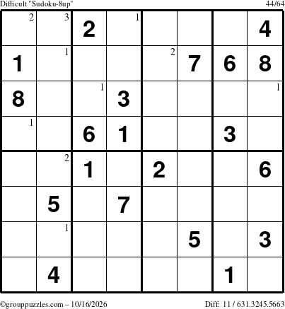 The grouppuzzles.com Difficult Sudoku-8up puzzle for Friday October 16, 2026 with the first 3 steps marked