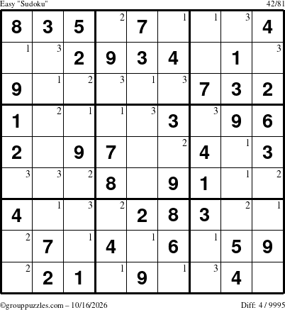 The grouppuzzles.com Easy Sudoku puzzle for Friday October 16, 2026 with the first 3 steps marked