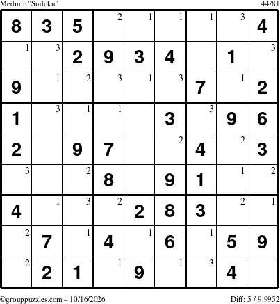 The grouppuzzles.com Medium Sudoku puzzle for Friday October 16, 2026 with the first 3 steps marked