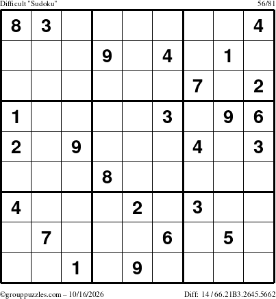 The grouppuzzles.com Difficult Sudoku puzzle for Friday October 16, 2026