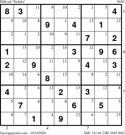 The grouppuzzles.com Difficult Sudoku puzzle for Friday October 16, 2026 with all 14 steps marked