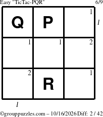 The grouppuzzles.com Easy TicTac-PQR puzzle for Friday October 16, 2026 with all 2 steps marked