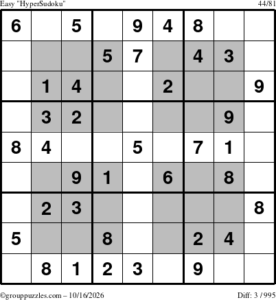 The grouppuzzles.com Easy HyperSudoku puzzle for Friday October 16, 2026