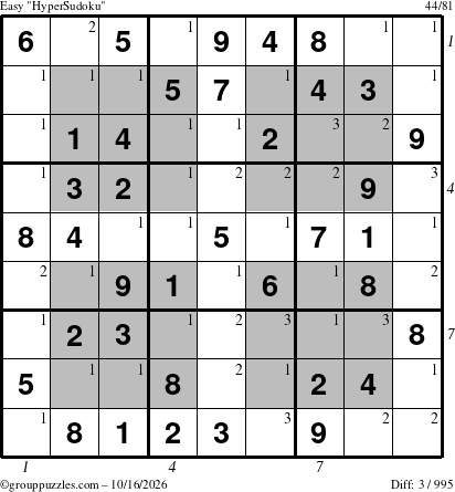 The grouppuzzles.com Easy HyperSudoku puzzle for Friday October 16, 2026, suitable for printing, with all 3 steps marked