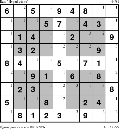 The grouppuzzles.com Easy HyperSudoku puzzle for Friday October 16, 2026 with the first 3 steps marked