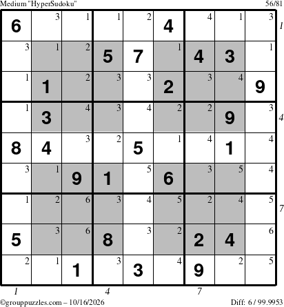 The grouppuzzles.com Medium HyperSudoku puzzle for Friday October 16, 2026, suitable for printing, with all 6 steps marked