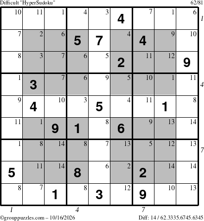 The grouppuzzles.com Difficult HyperSudoku puzzle for Friday October 16, 2026 with all 14 steps marked