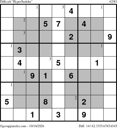The grouppuzzles.com Difficult HyperSudoku puzzle for Friday October 16, 2026 with the first 3 steps marked