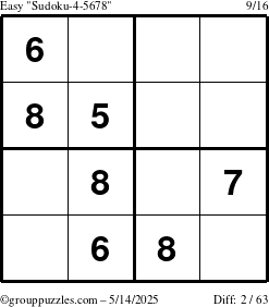 The grouppuzzles.com Easy Sudoku-4-5678 puzzle for Wednesday May 14, 2025