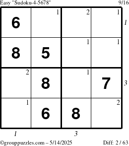 The grouppuzzles.com Easy Sudoku-4-5678 puzzle for Wednesday May 14, 2025 with all 2 steps marked