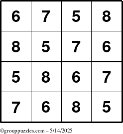 The grouppuzzles.com Answer grid for the Sudoku-4-5678 puzzle for Wednesday May 14, 2025