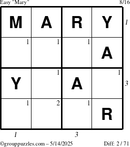 The grouppuzzles.com Easy Mary puzzle for Wednesday May 14, 2025 with all 2 steps marked