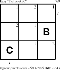 The grouppuzzles.com Easy TicTac-ABC puzzle for Wednesday May 14, 2025 with all 2 steps marked