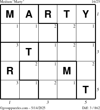 The grouppuzzles.com Medium Marty puzzle for Wednesday May 14, 2025 with all 3 steps marked