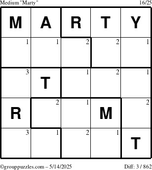 The grouppuzzles.com Medium Marty puzzle for Wednesday May 14, 2025 with the first 3 steps marked