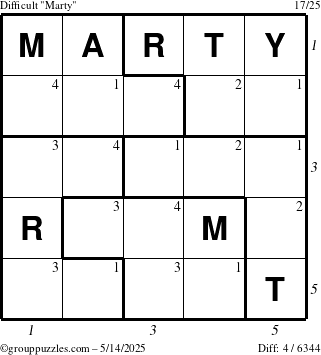 The grouppuzzles.com Difficult Marty puzzle for Wednesday May 14, 2025 with all 4 steps marked
