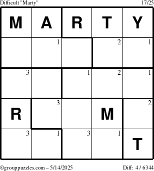 The grouppuzzles.com Difficult Marty puzzle for Wednesday May 14, 2025 with the first 3 steps marked