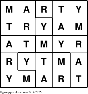 The grouppuzzles.com Answer grid for the Marty puzzle for Wednesday May 14, 2025