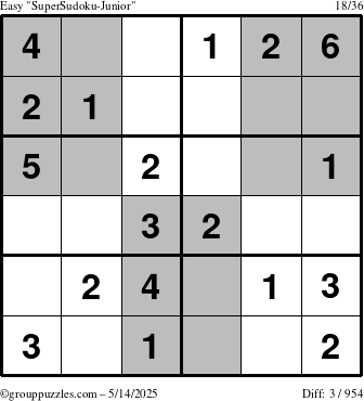 The grouppuzzles.com Easy SuperSudoku-Junior puzzle for Wednesday May 14, 2025