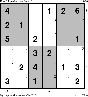 The grouppuzzles.com Easy SuperSudoku-Junior puzzle for Wednesday May 14, 2025 with all 3 steps marked