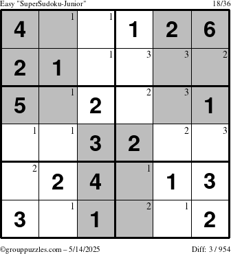 The grouppuzzles.com Easy SuperSudoku-Junior puzzle for Wednesday May 14, 2025 with the first 3 steps marked