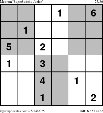The grouppuzzles.com Medium SuperSudoku-Junior puzzle for Wednesday May 14, 2025