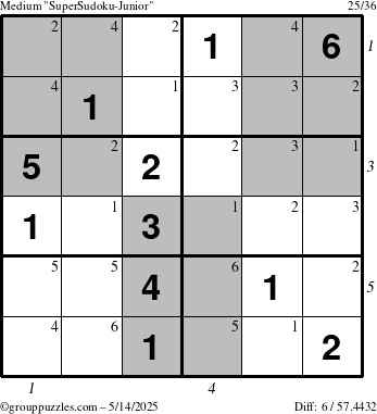 The grouppuzzles.com Medium SuperSudoku-Junior puzzle for Wednesday May 14, 2025, suitable for printing, with all 6 steps marked