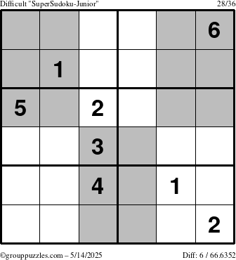 The grouppuzzles.com Difficult SuperSudoku-Junior puzzle for Wednesday May 14, 2025