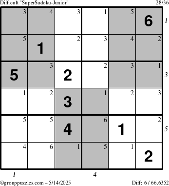 The grouppuzzles.com Difficult SuperSudoku-Junior puzzle for Wednesday May 14, 2025 with all 6 steps marked