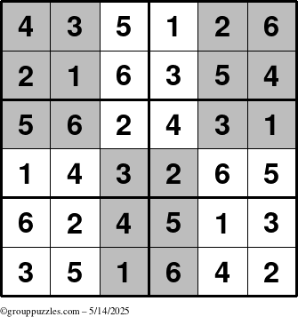 The grouppuzzles.com Answer grid for the SuperSudoku-Junior puzzle for Wednesday May 14, 2025