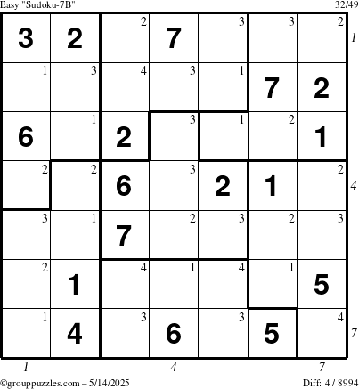 The grouppuzzles.com Easy Sudoku-7B puzzle for Wednesday May 14, 2025 with all 4 steps marked