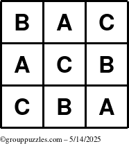 The grouppuzzles.com Answer grid for the TicTac-ABC puzzle for Wednesday May 14, 2025