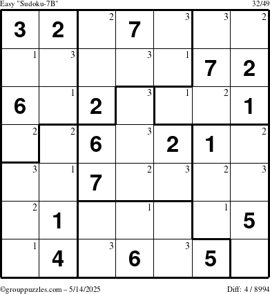 The grouppuzzles.com Easy Sudoku-7B puzzle for Wednesday May 14, 2025 with the first 3 steps marked