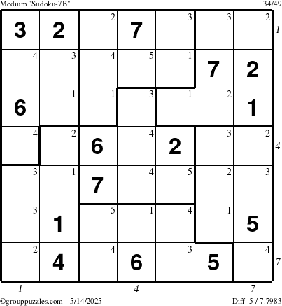 The grouppuzzles.com Medium Sudoku-7B puzzle for Wednesday May 14, 2025 with all 5 steps marked