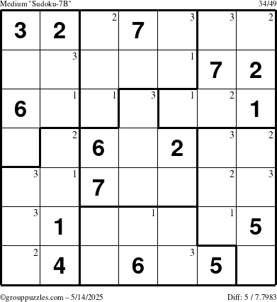 The grouppuzzles.com Medium Sudoku-7B puzzle for Wednesday May 14, 2025 with the first 3 steps marked