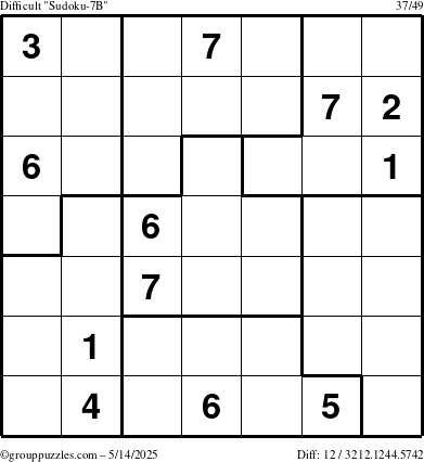 The grouppuzzles.com Difficult Sudoku-7B puzzle for Wednesday May 14, 2025