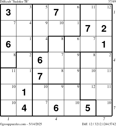 The grouppuzzles.com Difficult Sudoku-7B puzzle for Wednesday May 14, 2025 with all 12 steps marked